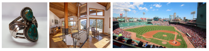 Auction items that will be up for bid- silver and turquoise bracelet\, stay at home in Lake Tahoe\, Red Sox tickets